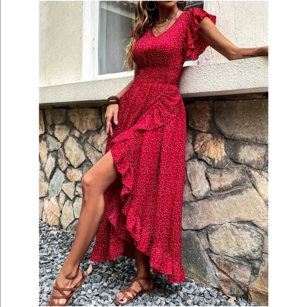Boho Plus Size Polka Dots Butterfly Sleeve Maxi Dress - Picture 3 of 7